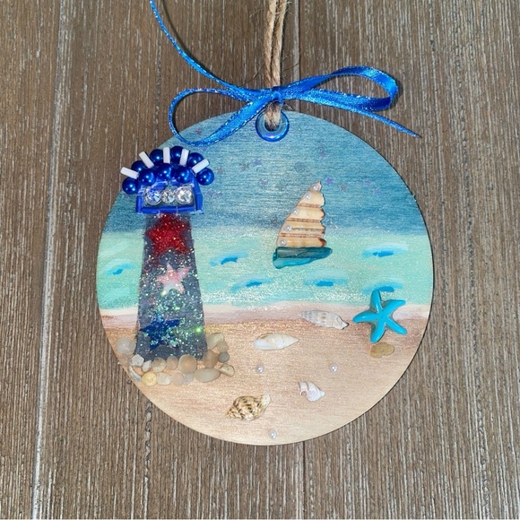 Coastal Lighthouse Holiday Ornament - Blue and Red - Picture 5 of 12